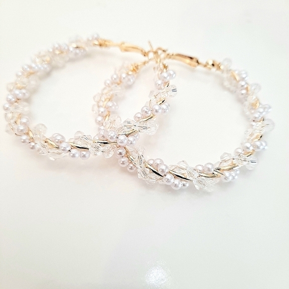 Gold hoop earrings Beaded Statement Boho faux Pearl chunky twist 💖2/$30 - Picture 4 of 14